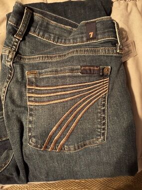 7 For All Mankind Dark Blue Denim Jeans with Tan Stitching